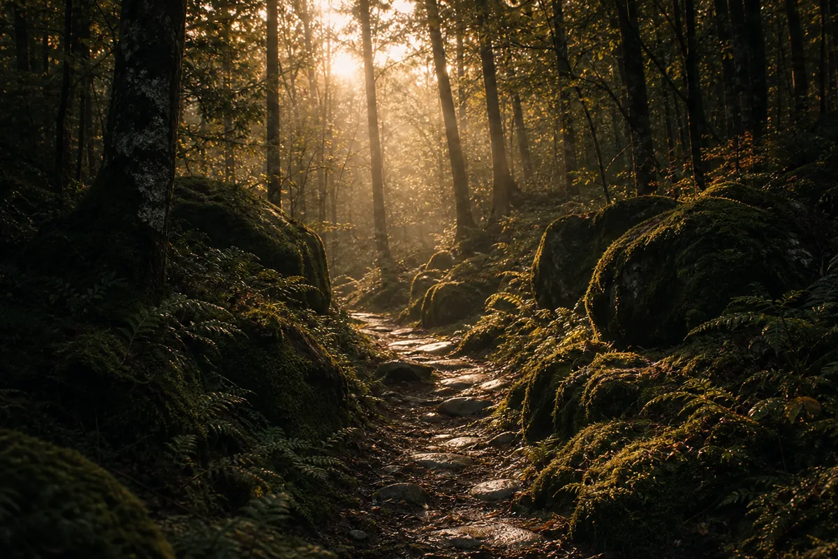 Mossy woodland path in warm natural light